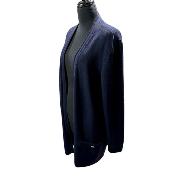 ST. JOHN Basics SANTANA KNIT JACKET CARDIGAN Open Front Long Navy SIZE LARGE - Picture 2 of 10